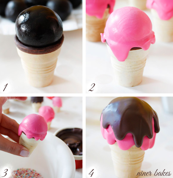 National Ice Cream Day - niner bakes Ice Cream Cone Cake National Ice Cream Day - niner bakes Ice Cream Cone Cake Pops Tutorial, step 1 to 4