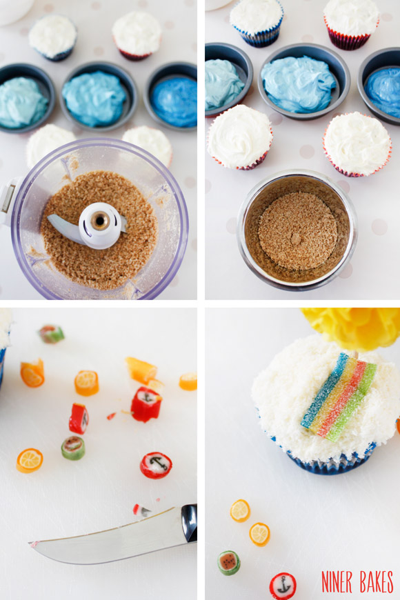 Summer beach cupcakes with towels and sharks - by niner bakes