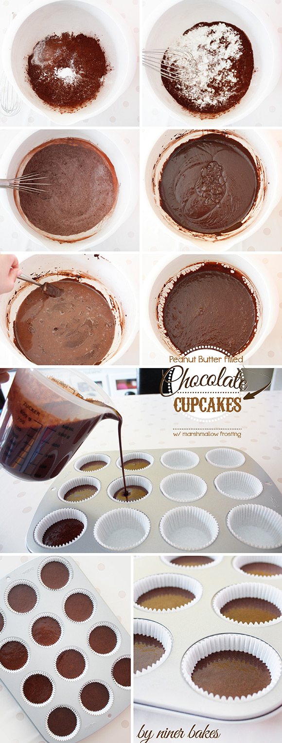 how to make chocolate cupcakes with peanut butter filling and marshmallow frosting - 7 minute frosting - by niner bakes 