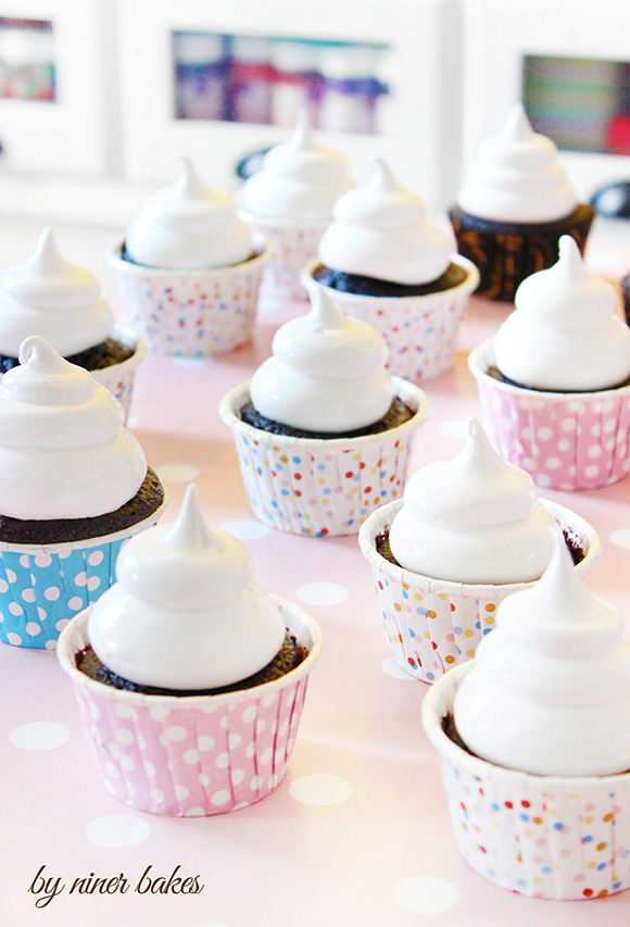 chocolate cupcakes with peanut butter filling and marshmallow frosting - 7 minute frosting - by niner bakes