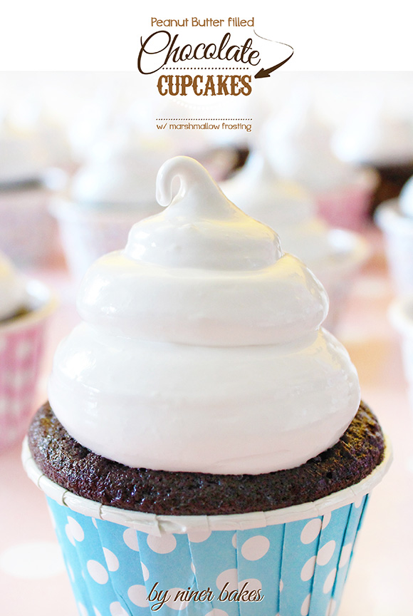 chocolate cupcakes with peanut butter filling and marshmallow frosting - 7 minute frosting - by niner bakes