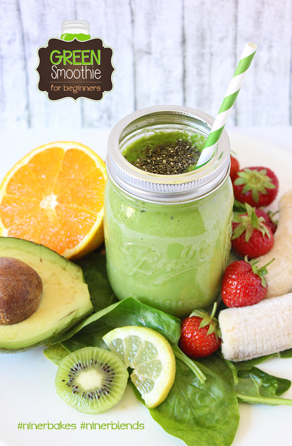 The formula to get your green on - Green Smoothies for beginners, easy recipes, testimony from niner bakes, niner blends. How to make green smoothies with your Blendtec, best blender in the world. Mason Jar, paper straws