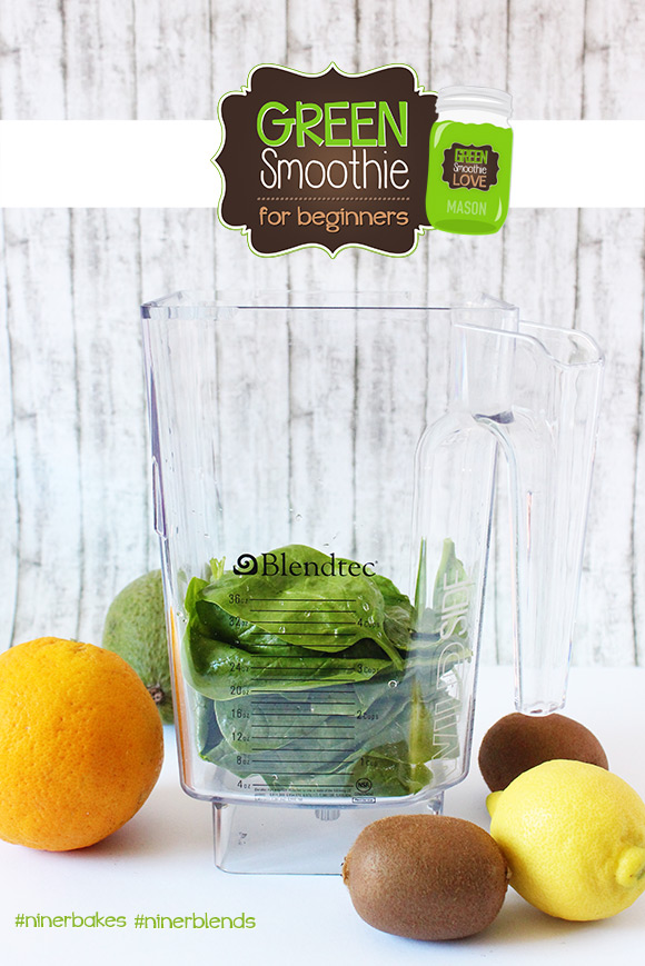 The formula to get your green on - Green Smoothies for beginners, easy recipes, testimony from niner bakes, niner blends. How to make green smoothies with your Blendtec, best blender in the world. Mason Jar, paper straws