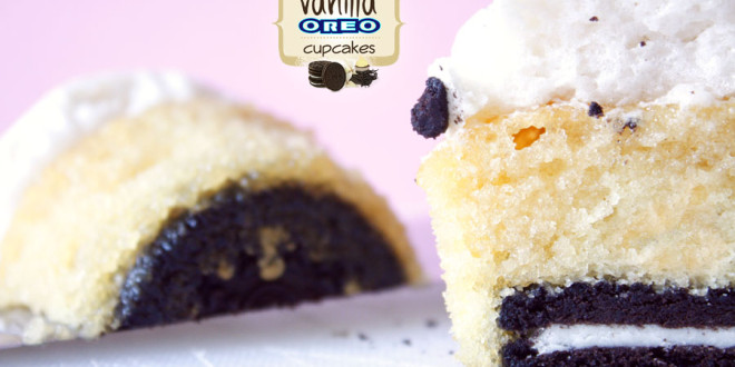 Vanille Cupcakes mit leckerer OREO Überraschung & Marshmallow Frosting on top!